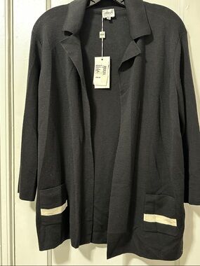 Armani Collezioni Black Open Front Cardigan with Cream Pocket Accents